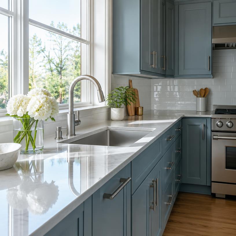 Spotless sunlit kitchen counter