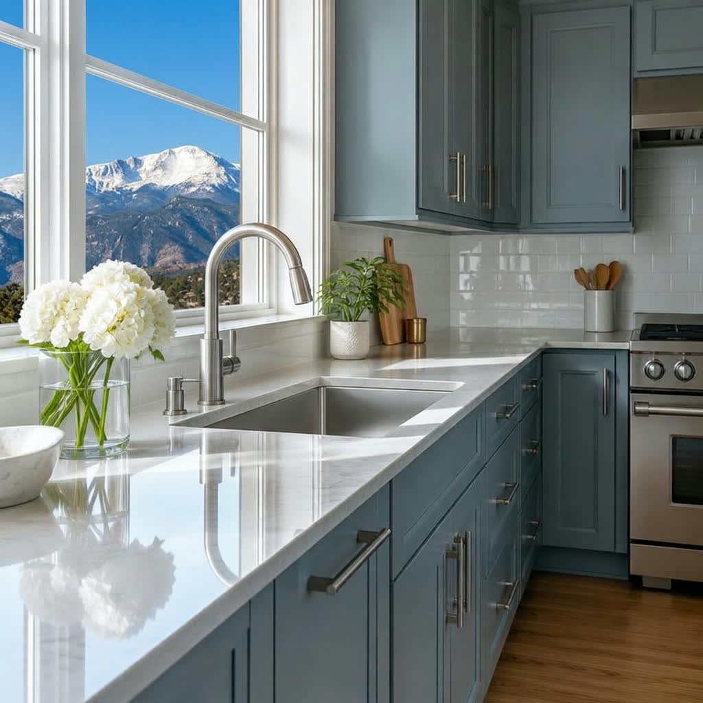 Spotless sunlit kitchen counter